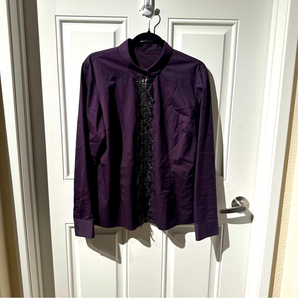 Elie TAHARI Long Sleeve Ruffle Embroidered Front Purple Button Down Blouse